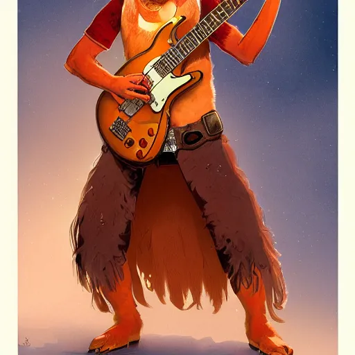 Prompt: a ginger cat dressed like a hardrocker playing electric guitar, cinematic lighting, highly detailed, digital painting, artstation, concept art, smooth, sharp focus, illustration, art by Terry Moore and Greg Rutkowski and Alphonse Mucha