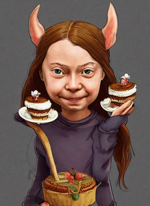 Image similar to greta thunberg as a medieval goblin eating cakes, detailed digital art, trending on Artstation