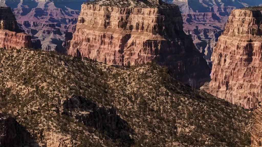 Image similar to an atmospheric film still by denis villeneuve featuring a dark gothic cathedral carved out of rock at the top of the grand canyon