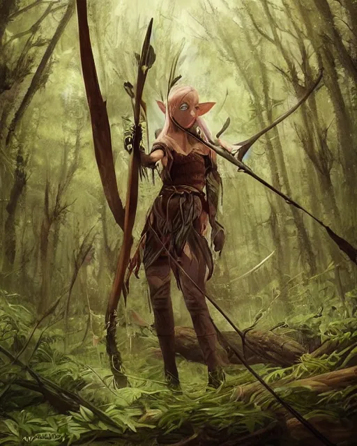 Image similar to an elven hunter standing in the woods holding a bow, wearing a tribe hunting outfit. green, luscious, overgrown forest. By Makoto Shinkai, Stanley Artgerm Lau, WLOP, Rossdraws, James Jean, Andrei Riabovitchev, Marc Simonetti, krenz cushart, Sakimichan, D&D trending on ArtStation, digital art.