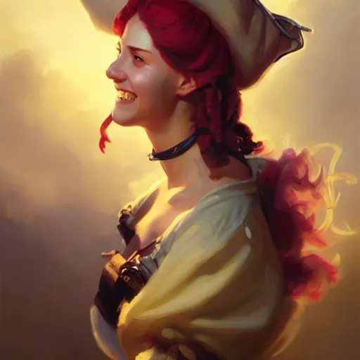 Image similar to portrait painting of a pirate queen age 2 5, bright and energetic, with a sweet smile and floofy hair, render cinematic lighting art 1 9 2 0 period drama by bussiere rutkowski andreas rocha