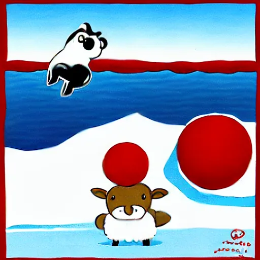 Image similar to cartoon drawing of a seal tossing a red ball with a sheep in antarctica. the seal's head is sticking out above the water and the sheep is standing near the edge of ice