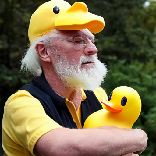 Prompt: old man cosplaying as a rubber duck
