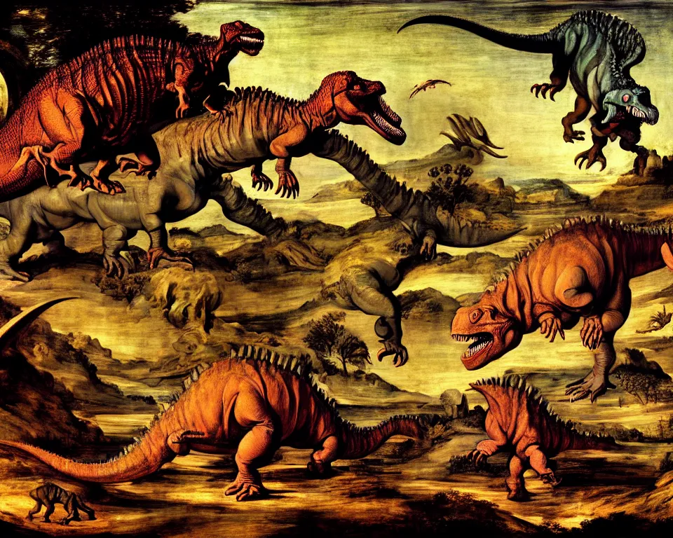 Prompt: the extinction of the dinosaurs by Raphael, Goya, and Tintoretto. detailed, trending on artstation.