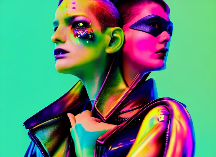 Prompt: portrait of a cyberpunk fashion model with exuberant clothing style, colorful, dynamic pose, beautiful face, octane render, vray, detailed, halftoned, editorial photo, matte print, grainy light, ( ( dither ) ), risograph, high contrast, screen print, grainy texture, fujifilm superia, kodak portra
