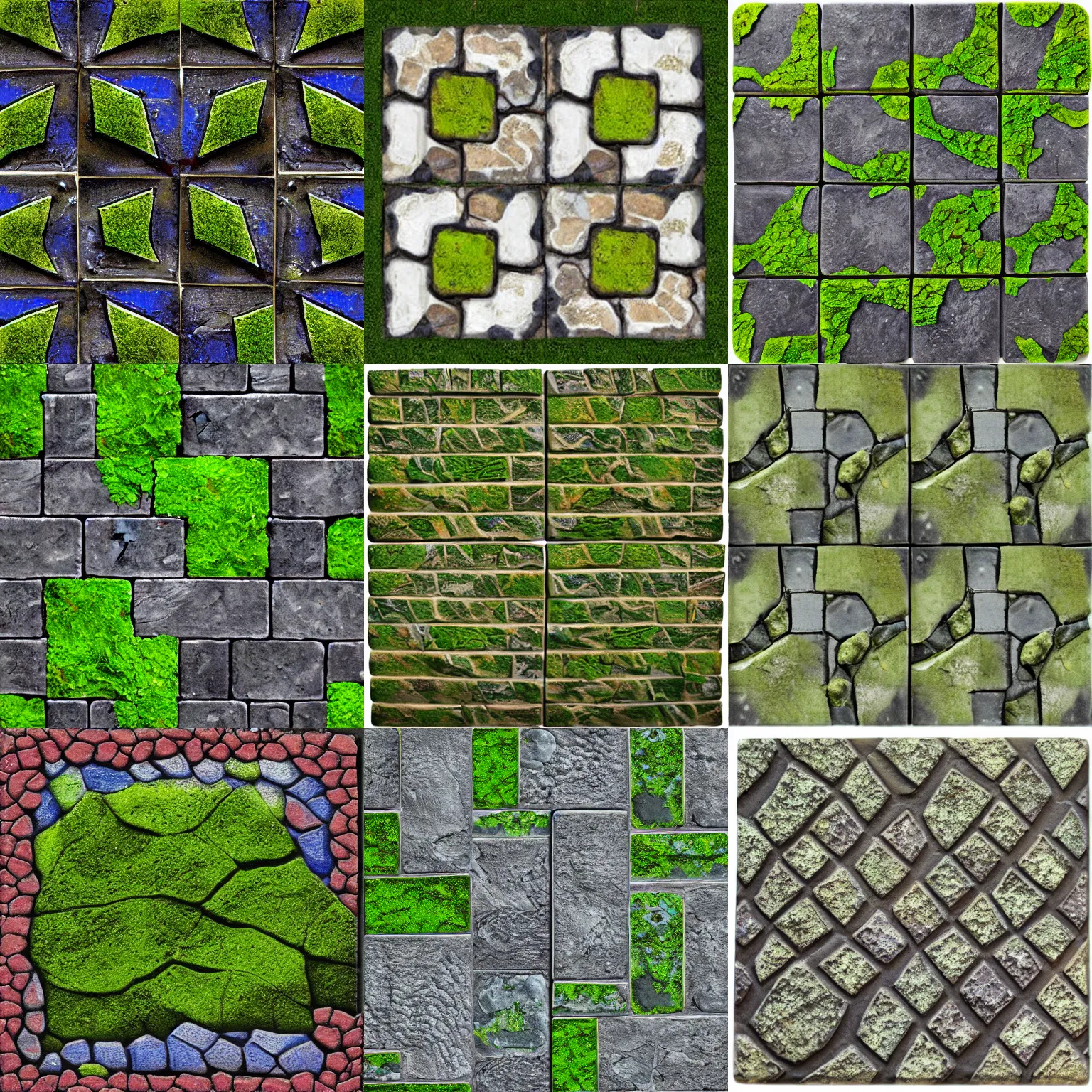 Prompt: pbr tile tileable cobblestone wall with moss between the cracks temple pattern stylized handpainted wow