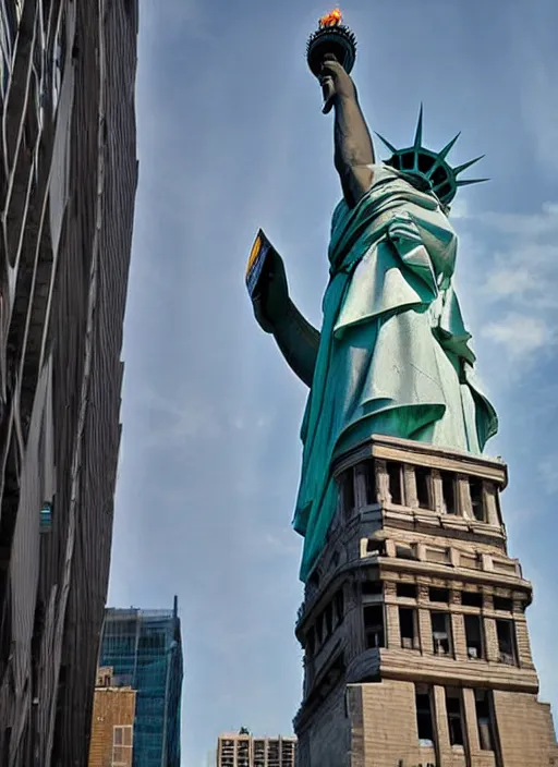 Prompt: giant monster walking between buildings, and it has the face of the statue of liberty staring directly to the camera
