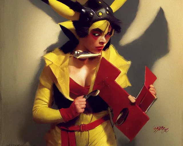 Image similar to woman in a costume of pikachu, photo by gaston bussiere, craig mullins, j. c. leyendecker