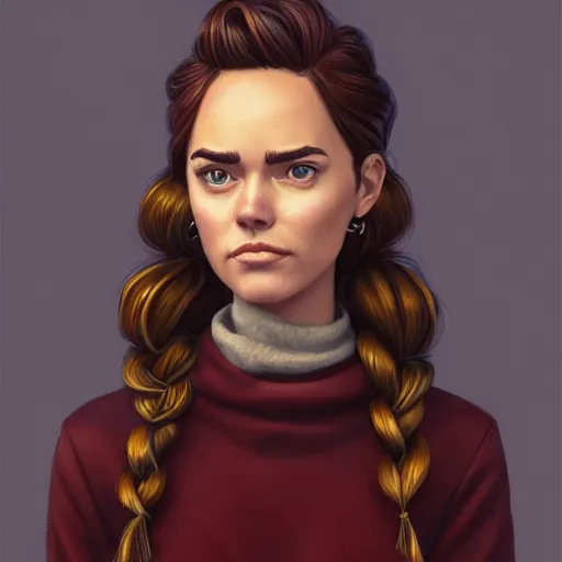 Prompt: an insanely detailed realistic depiction of beautiful jodi from stardew valley standing in the grocery store wearing burgundy sweater under blue denim jeans, auburn hair french braid, pretty brown eyes, odette annable, in the style of peter mohrbacher, artgerm, dramatic lighting and composition, octane render, trending on artstation, concept art 8 k