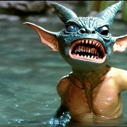 Image similar to a film still of gremlin coming out of water in star wars realistic, detailed