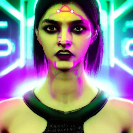 Image similar to Alia Bhatt, neon face tattoo, cyberpunk background, straight hairstyle, white eyes, blonde hair, realistic render, short hair, unreal engine render, Icaro Carvalho