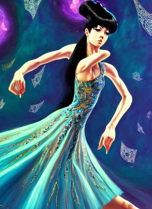 Image similar to a beautiful dancer with black hair in 1970's fashion, ballroom background, intricate, highly detailed, digital painting, artstation, official media, anime key visual, concept art, rich vivid colors, ambient lighting, sharp focus, illustration, art by Artgerm, Makoto Shinkai, Ilya Kuvshinov, Lois Van Baarle, and Rossdraws