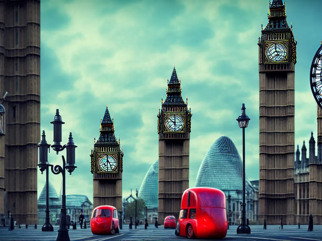 Image similar to a giant ancient beautiful cyborg of the elder gods with pipes and tubes in the city of London, an image of a beautiful cyborg, a beautiful cyborg, a cyborg, London streets with one bigben in the background, colourful, dramatic lighting, spring time, very detailed octane render very realistic beautiful