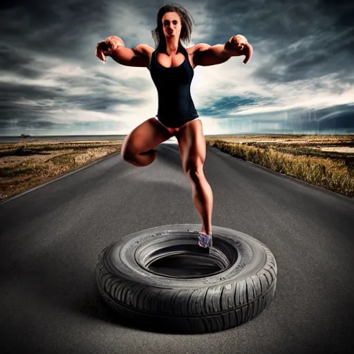 Image similar to car jumping, bodybuilder, woman, photo, digital art, hands, underbody, tire, throw, standing