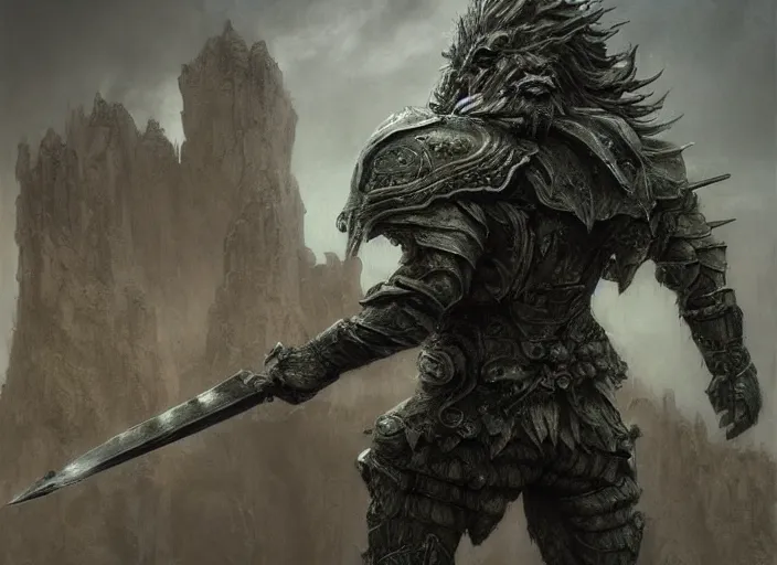 Image similar to were lion warrior concept, babylon armor, beksinski, ruan jia, the hobbit orc concept, dark soul concept