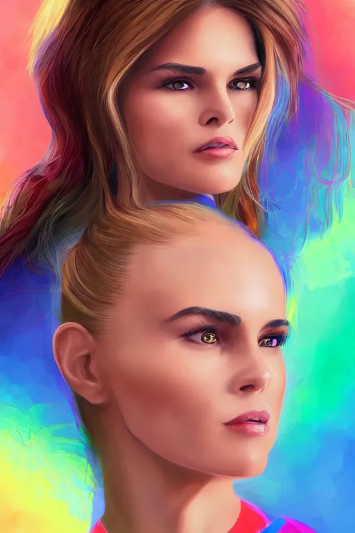 Prompt: portrait of a blend of young maria shriver, mariel hemmingway, melania trump and elle macpherson as an angel, thin lips, hair tied up in a pony tail, rainbow colors, vine, artstation, cgsociety