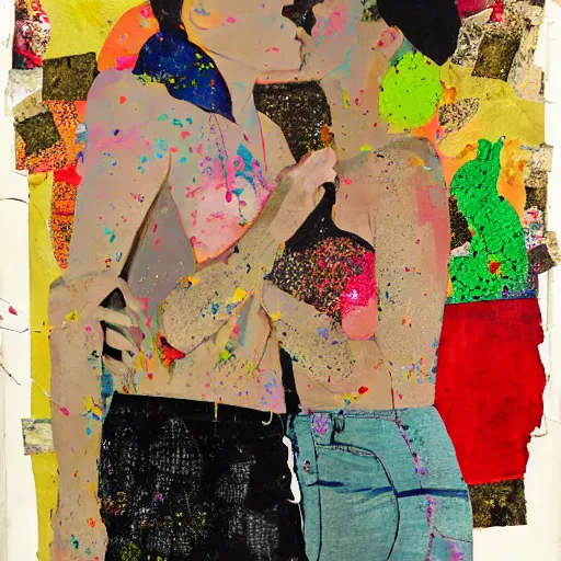 Image similar to two women kissing at a carnival in a video game, mixed media collage, retro, paper collage, magazine collage, acrylic paint splatters, bauhaus, claymation, layered paper art, sapphic visual poetry expressing the utmost of desires by jackson pollock