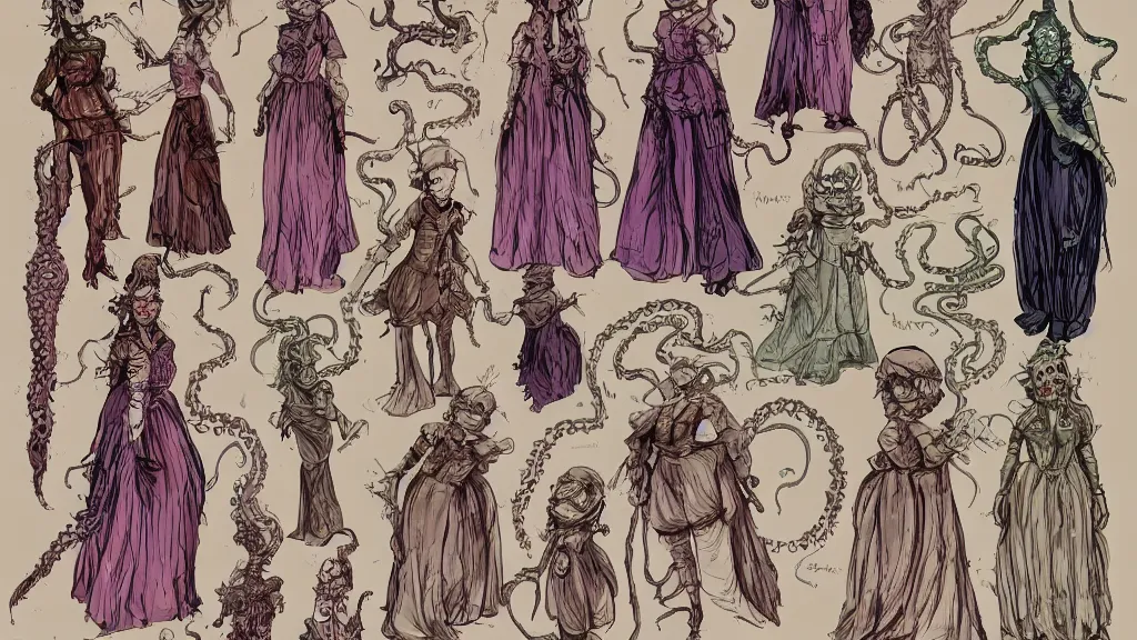 Prompt: aged paper, colorful character sheet for a stocky alien extraterrestrial victorian female servant maid with thick snake - like tentacles instead of hair, long dress with apron, jim henson creature shop, coherent, illustration, digital art, trending on artstation, hd, 8 k, good lighting, beautiful, rough paper, masterpiece