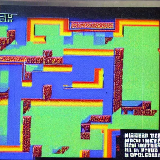 Image similar to Screenshot of Minecraft as a game for ZX Spectrum, photo from 1984 gaming magazine