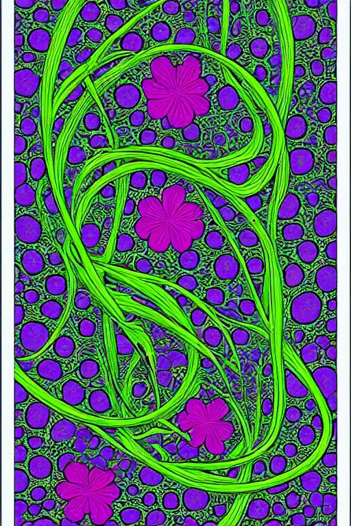 Image similar to flowers blooming on dna helix in the style of moebius, moebius art,