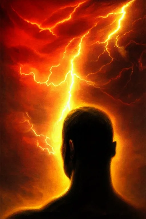 Image similar to a hulking human male silhouette in the darkness, his eyes glowing red, roiling stormclouds overhead,. atomospheric, artgerm, in the style of turner, high detail, 8 k resolution,