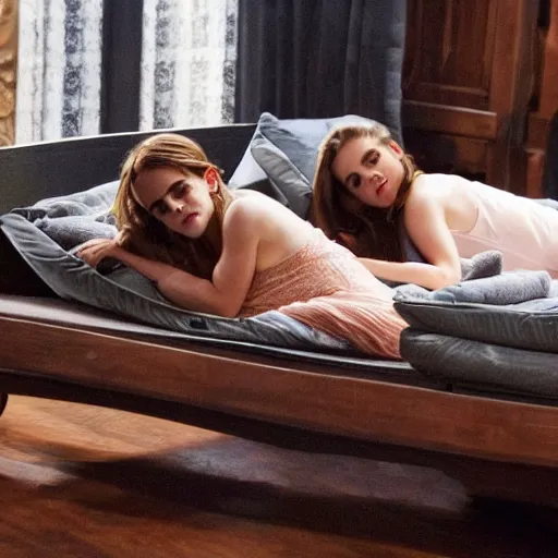 Image similar to emma watson and her friends sleeping in several beds