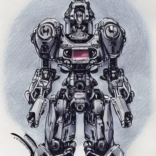 Prompt: an intricate ballpoint drawing of a giant anime robot with rounded and cicular parts