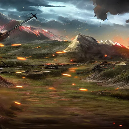 Prompt: detailed detailed digital art of a battlefield between samurai, trending on artstation