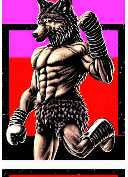 Image similar to extreme long shot. 8 bit nes graphics. antropomorphic muscular masculine wolf. kickboxer fighter, in shorts. wolf head. angry. fine details, very sharp, art from nes game cartridge, 8 0's, vhs artefacts, vaporwave style, marc simonetti and hermann nitsch and anish kapoor.