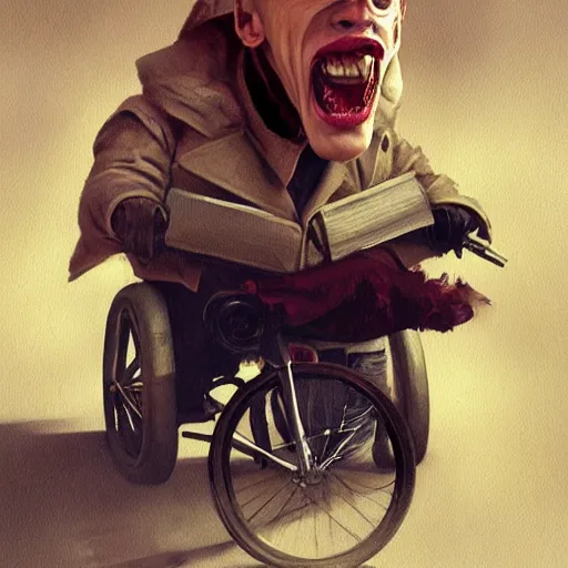 Image similar to hyper realistic absurd, silly, making insane faces, steve buscemi / john waters riding a tiny tricycle, painted by greg rutkowski, wlop, artgerm, dishonored 2, half life 2