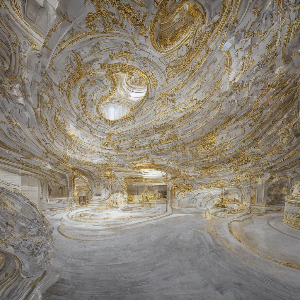 Prompt: “ an incredibly smooth curvilinear neo baroque interior architectural sculpture, a golden pool on the ground is envelope by folding white surfaces, blue light, visually satisfying architecture render ”