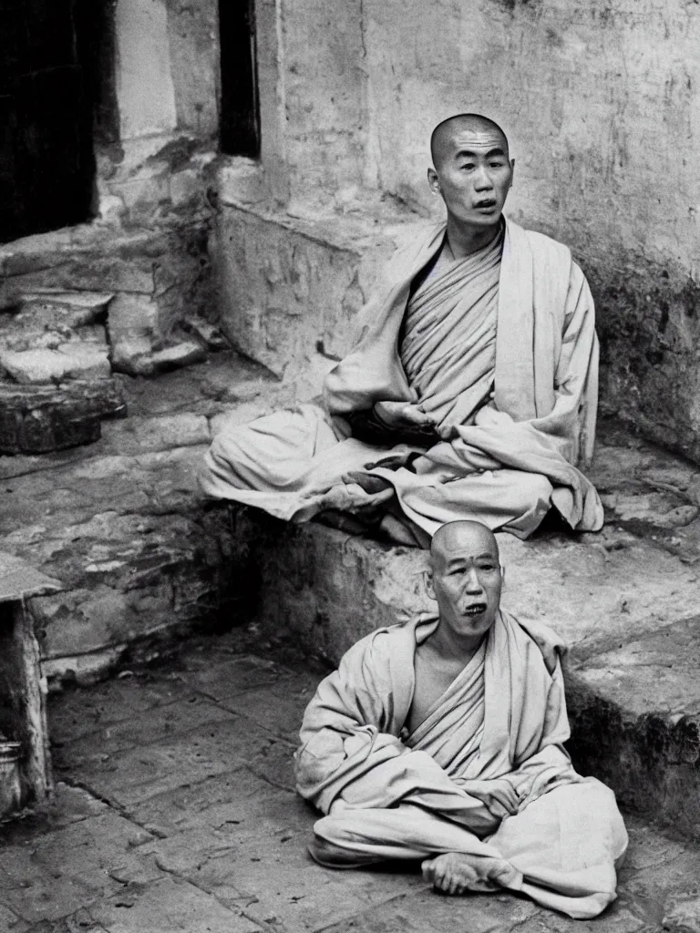 Prompt: A rogue Buddhist monk on mescaline becoming one with the urban grime of 1950s london