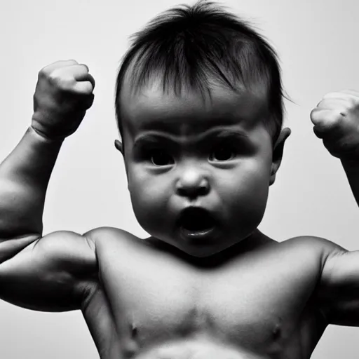 Prompt: an extremely muscular baby flexing, intense expression, epic, high detail, high contrast