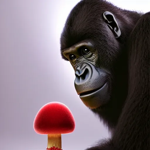 Image similar to a wholesome animation key shot of a gorilla holding a very small red mushroom, chilled out smirk on face, listening to music, jeep in background, studio ghibli, pixar and disney animation, sharp, rendered in unreal engine 5, anime key art by greg rutkowski, bloom, dramatic lighting