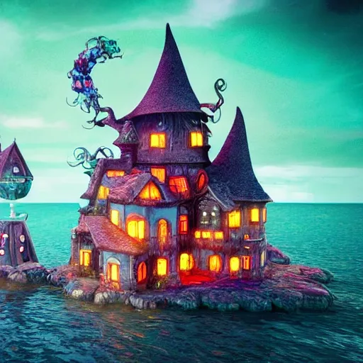 Prompt: a witches house made out of candy, on the ocean, epic scene, fantasy, redshift render, cgi, hyper - detailed, photo - bash, 8 k post - production, masterpiece