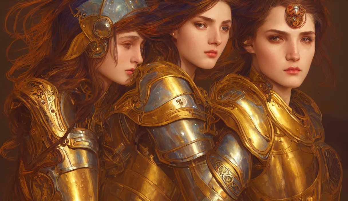 Prompt: portrait light brown hair knights of zodiac girl, metalic orange and dark blue reflected armor, in ruined agora of athens, ssci - fi, fantasy, intricate, very very beautiful, elegant, golden light, highly detailed, digital painting, artstation, concept art, smooth, sharp focus, illustration, art by tian zi and wlop and alphonse mucha