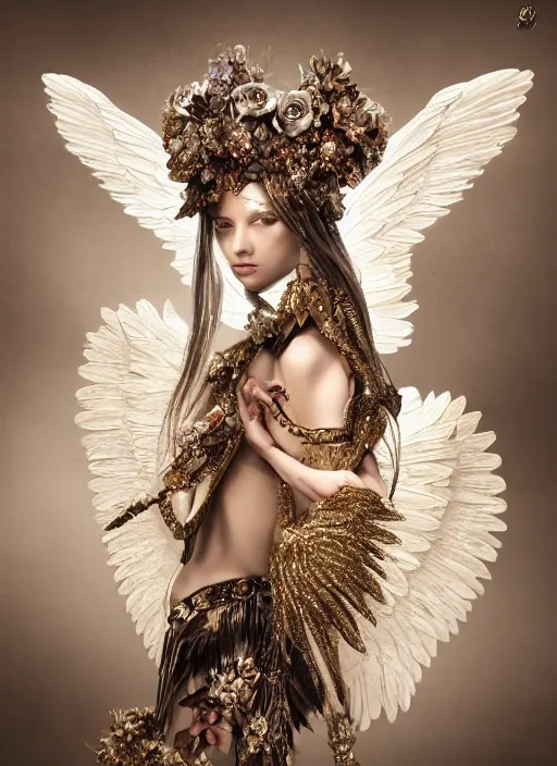 Image similar to expressive full body photo of a female model as beautiful angel, ornate headpiece made from flowers, ivory, ornaments, glamour shot, by karol bak, by stefan gesell, octane render, unreal engine, photorealistic, canon r 3, fashion photography, painted studio backdrop, environmental portrait, dark fantasy, dark beauty, magazine, symmetrical features