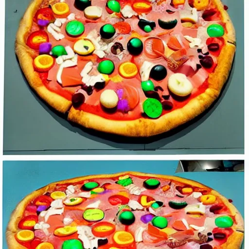 Prompt: a 🍕 🍭🍑🍬🍟🥥🍫🍄🧁🍩 ( ( mega - pizza ) ) made of 🍦🍡🍰🍇🍯🍮🍹🧁