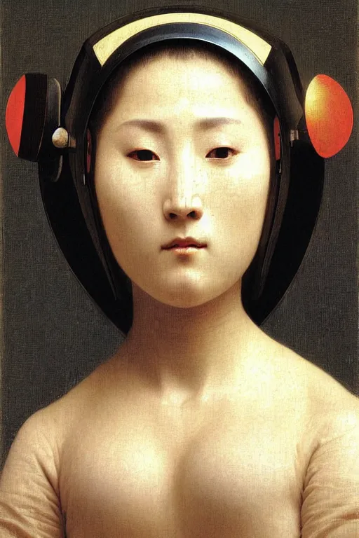 Prompt: portrait of an ancient human species women in samurai astronaut helmets, by bouguereau