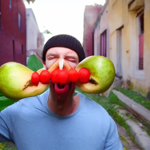 Prompt: a man with a long nose, eating fruits, maniac, idiot, rabbit ears, midshot, camera photography, award winning