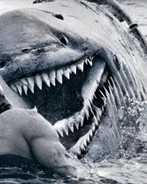 Prompt: film still close up shot of dwayne johnson wrestling a shark in the movie jaws. photographic, photography