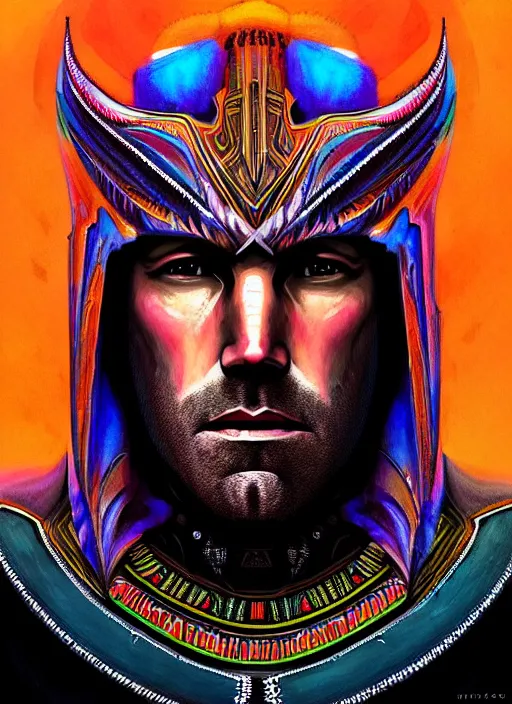 Image similar to portrait of ben affleck, hyper detailed ultra sharp aztec shaman warrior. trending on artstation, warpaint aesthetic, bloodwave, colorful, psychedelic, ornate, intricate, digital painting, concept art, smooth, sharp focus, illustration, art by artgerm and greg rutkowski and h. r. giger, 8 k