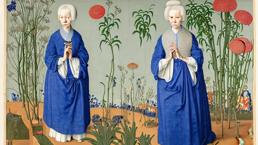 Prompt: portrait of a woman with white hair, wearing a plastic blue dress, standing in a room full of plants and flowers, white background, intricate details, high detail, in the style of rogier van der weyden and jacopo da pontormo, punk, asian art,