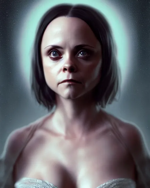 Image similar to Full body potrait of christina Ricci as an angel, hyper realistic, prismatic highlights, atmosphere, gorgeous, depth of field, cinematic, macro, concept art, 50mm, artstation, wlop, elegant, epic, weta digital, focus, octane render, v-ray, 8k, kodak portra, art by Liberatore