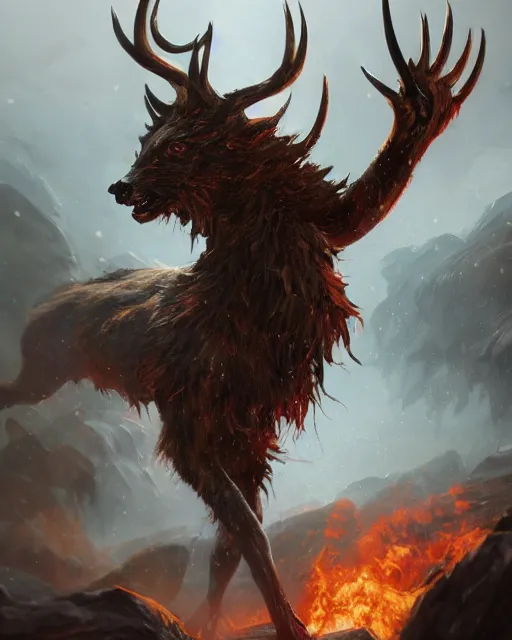 Prompt: oil painting of Angry Anthropomorphized Deer Berserker, wearing fur armor, claws, sharp focus, attack pose, fantasy style, octane render, volumetric lighting, 8k high definition, by greg rutkowski, highly detailed, trending on art Station, magic the gathering artwork, burning Battlefield background, centered