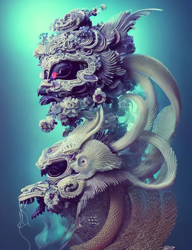 Image similar to 3 d goddess close - up frontal portrait with ram skull. beautiful intricately detailed japanese crow kitsune mask and clasical japanese kimono. betta fish, jellyfish phoenix, bio luminescent, plasma, ice, water, wind, creature, artwork by tooth wu and wlop and beeple and greg rutkowski