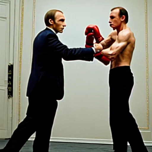 Image similar to Emmanuel Macron boxing Vladimir Putin in American Psycho (1999)