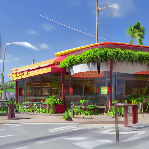 Image similar to fast food restaurant with palm trees, concept art, octane render