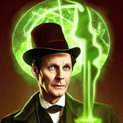 Image similar to Jeremy Brett as Sherlock Holmes as a powerful Warlock, with green energy emanating from his eyes, digital art 8k