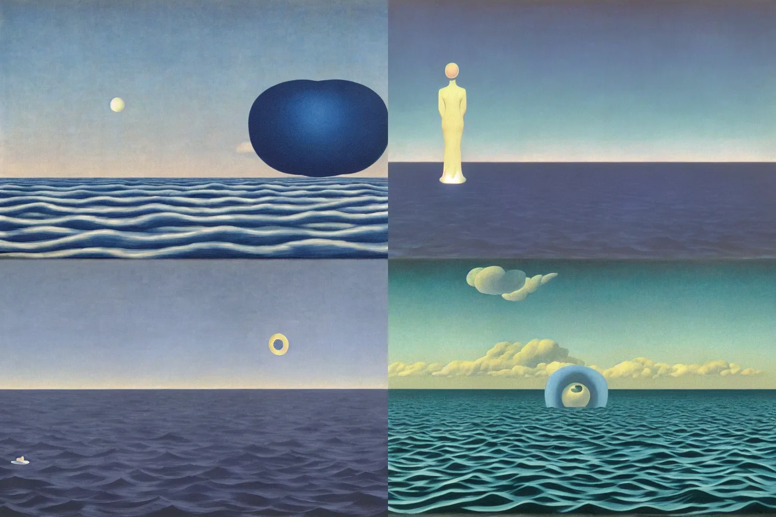 Prompt: The Night Ocean, René Magritte, 1950, oil on canvas, from the Musées Royaux des Beaux-Arts